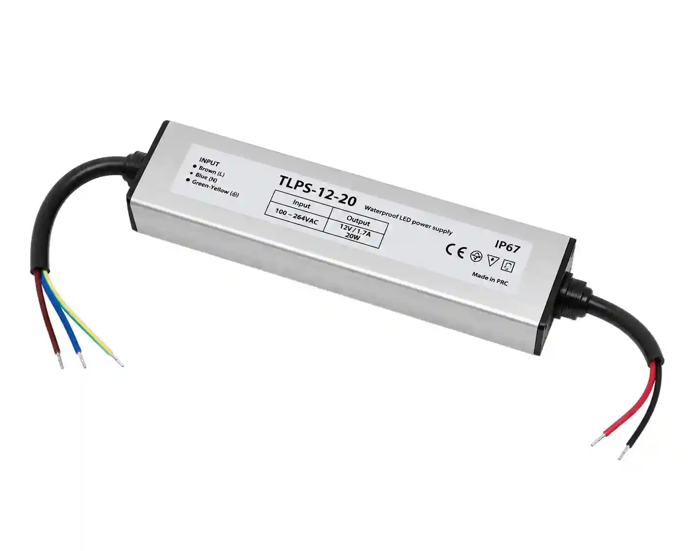 Voděodolný LED napájecí zdroj 12V 20W 1,7A IP67 TLPS-12-20 pro LED pásky v interiéru a  exteriéru vstup 100 - 264V AC
